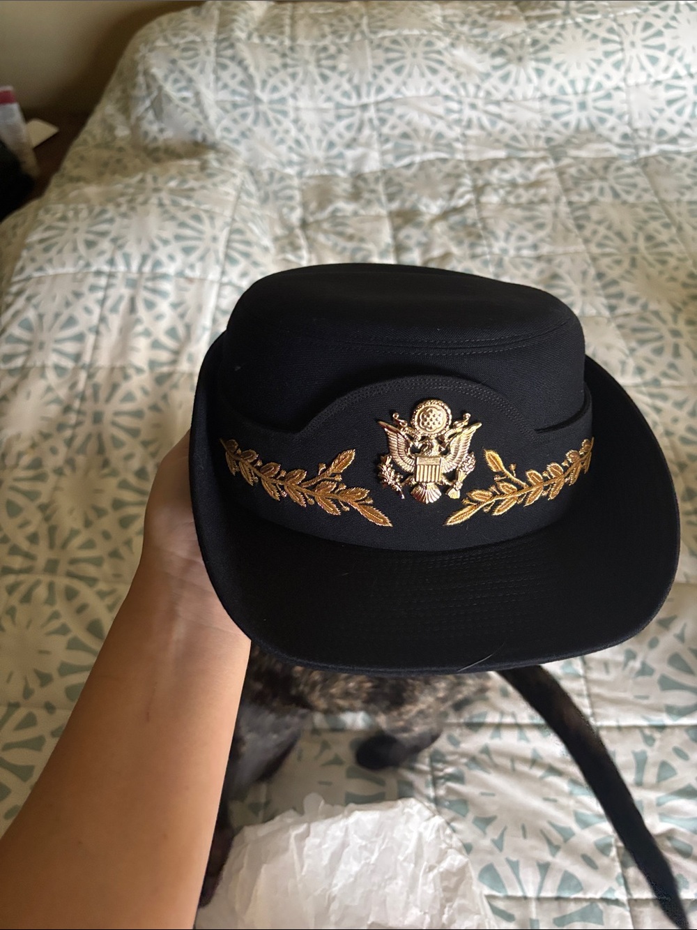 Black Military-Style Women's Hat with Gold Embroidered Crest